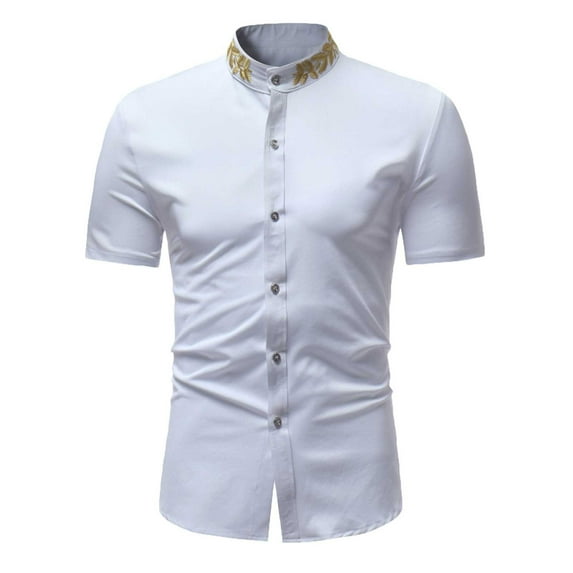 YLSDY Mens Luxury Gold Trim Shirts Workout Classic Solid Color Basic Tees Raglan Short Sleeve Blouse Stand-Up Collar Button Down Summer Tops Slim Fit Athletic Tennis Sport T-Shirts White XL