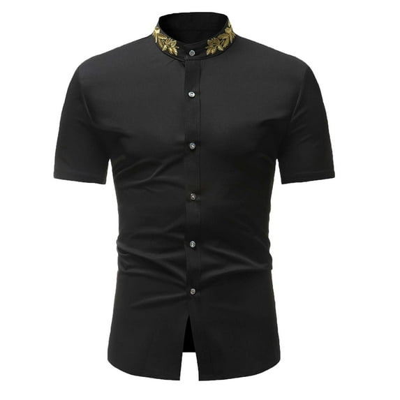 YLSDY Mens Luxury Gold Trim Shirts Workout Classic Solid Color Basic Tees Raglan Short Sleeve Blouse Stand-Up Collar Button Down Summer Tops Slim Fit Athletic Tennis Sport T-Shirts Black M