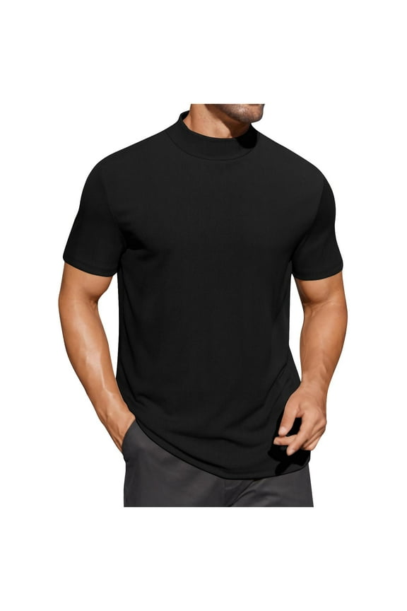 Mens Mock Turtleneck Sweater Short Sleeve Turtle Neck Sweaters Casual Ribbed Knitted Pullover Tops Solid Basic Tee Black S