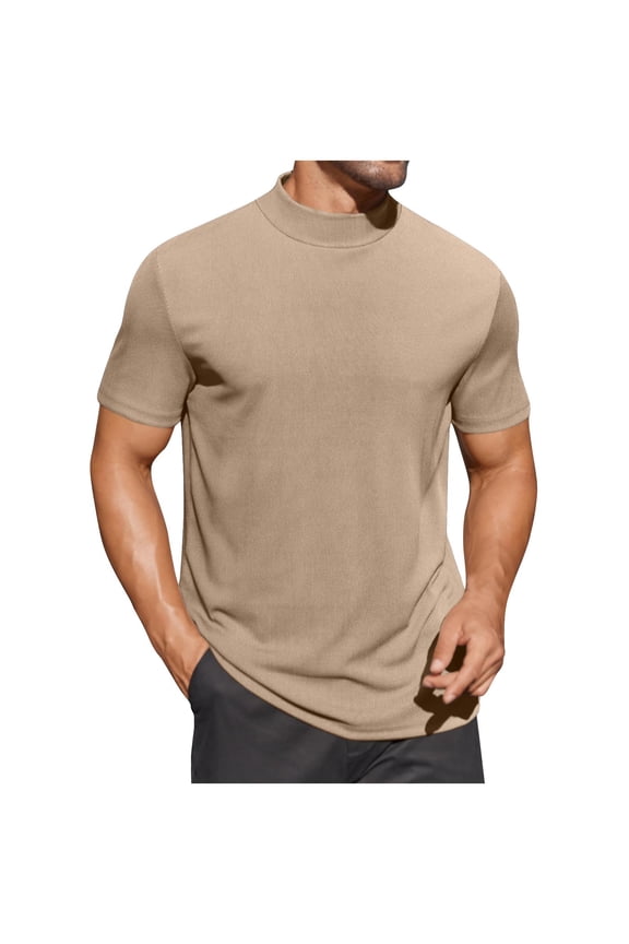 Mens Mock Turtleneck Sweater Short Sleeve Turtle Neck Sweaters Casual Ribbed Knitted Pullover Tops Solid Basic Tee Khaki S