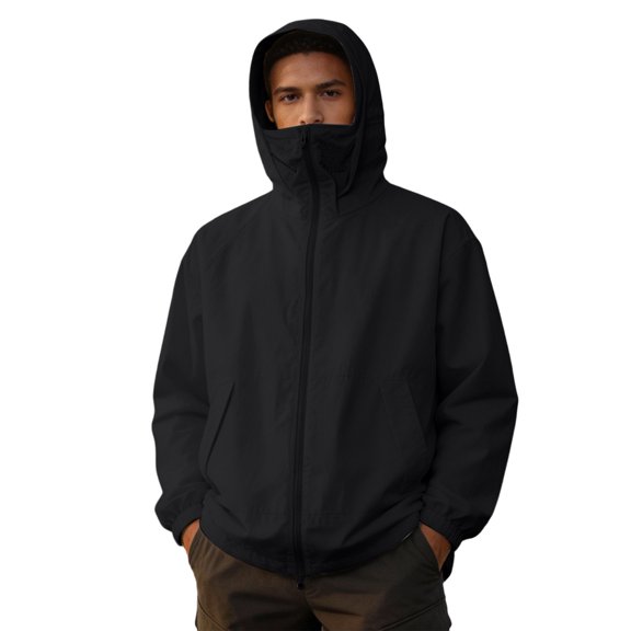 YLSDY Mens Multi Function Hooded Face Cover Jacket Men Short Zip Outer Coat, Integrated Neck Guard Drawstring Hem for Cycling Outdoor Sports Black XXXL