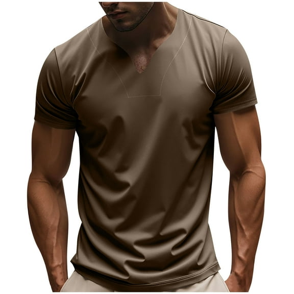 YLSDY Mens Muscle Slim Fitted T Shirts V Neck Longline Henley Shirt Summer Casual Gym Workout Athletic Cotton Tees Brown L