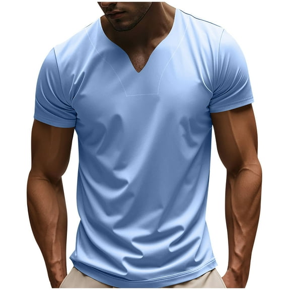 YLSDY Mens Muscle Slim Fitted T Shirts V Neck Longline Henley Shirt Summer Casual Gym Workout Athletic Cotton Tees Light Blue L