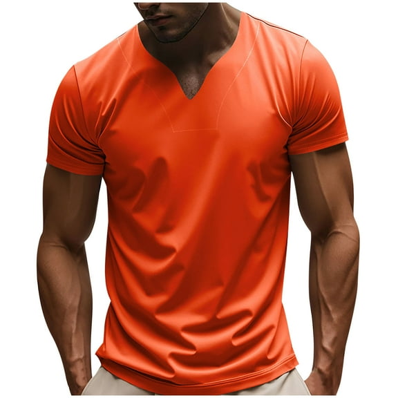 YLSDY Mens Muscle Slim Fitted T Shirts V Neck Longline Henley Shirt Summer Casual Gym Workout Athletic Cotton Tees Orange M