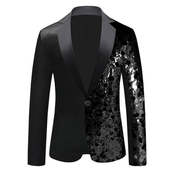 YLSDY Mens One Button Sequin Dress Suit Jacket Color Block Slim-fit Lapel Formal Party Festival Tuxedo Sport Coat Black XL