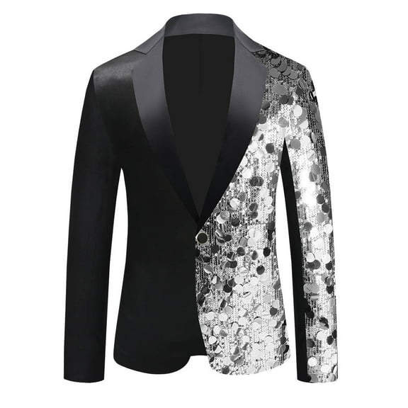 YLSDY Mens One Button Sequin Dress Suit Jacket Color Block Slim-fit Lapel Formal Party Festival Tuxedo Sport Coat Silver XL
