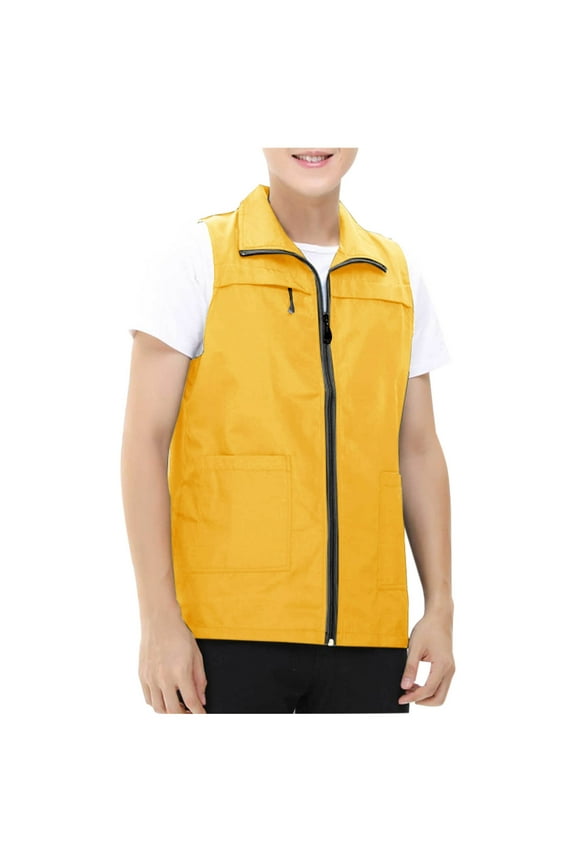 Mens Outdoor Vest Jacket Light Softshell Zip Outerwear Fishing Travel Work Comfy Utility Cargo Vests for Hiking Golf Yellow L