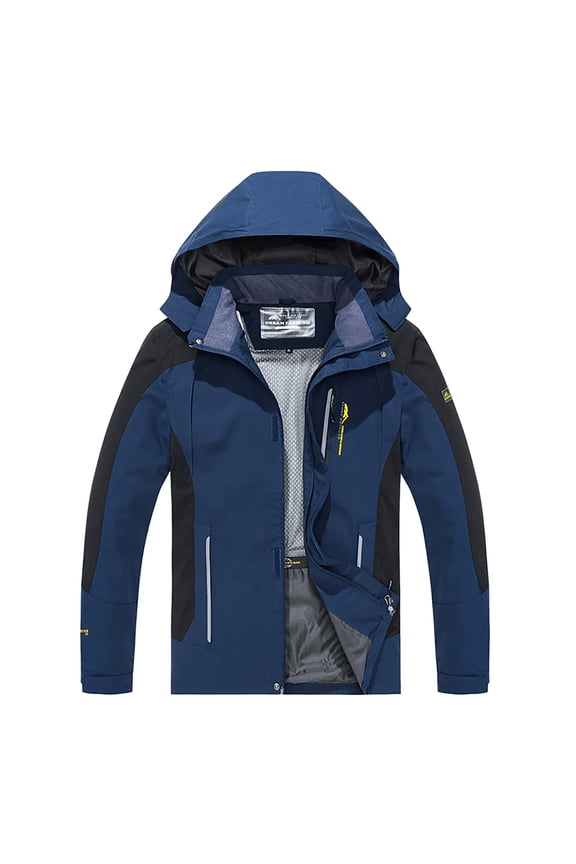 Mens Outdoor Wind Jacket Regular Mid Hooded Contrast Panel Zip Outer Coat, Breathable Lining Large Storage Pockets for Coastal Trips Weekend Camping Blue XXXL
