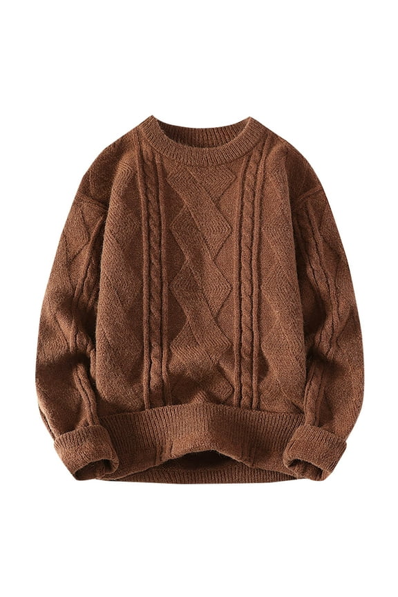Mens Oversized Pullover Sweater Crewneck Knitted Cozy Winter Fashion Warm Classic Solid Long Sleeve Loose Jumper Tops Brown L