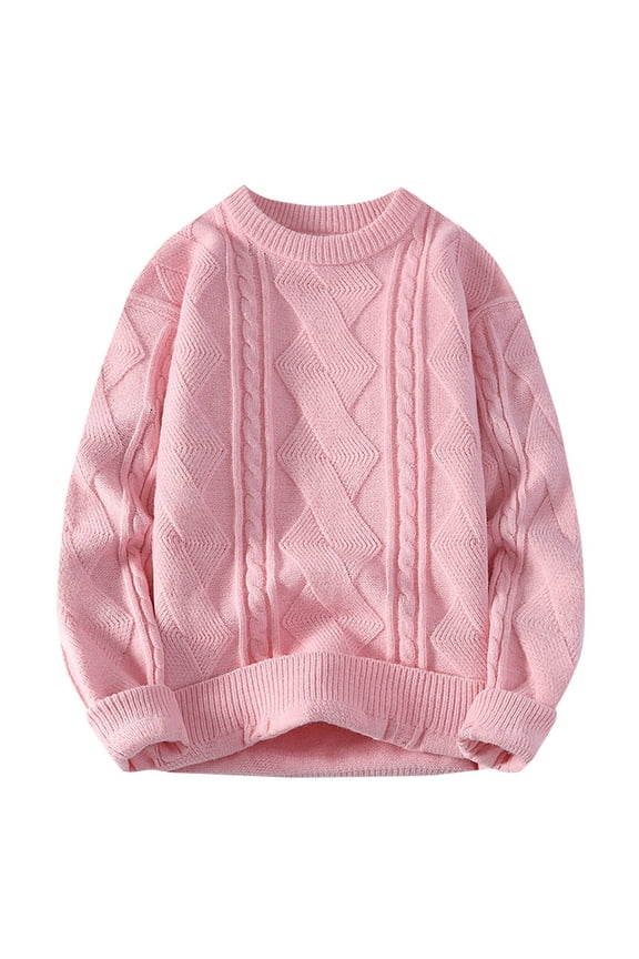 Mens Oversized Pullover Sweater Crewneck Knitted Cozy Winter Fashion Warm Classic Solid Long Sleeve Loose Jumper Tops Pink XL