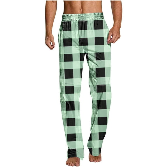 YLSDY Mens Pajama Pants Elastic Waist Lightweight Baggy Causal Straight Fit Plaid Print Sport Soft Sleep Lounge Pj Pants Green M
