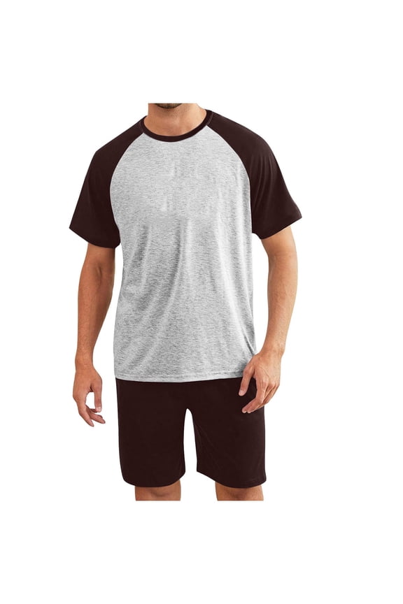 Mens Pajamas Set Shorts Pjs Lightweight Raglan Short Sleeve Crewneck T Shirts Shorts Soft Cotton Blend Sleepwear Brown L