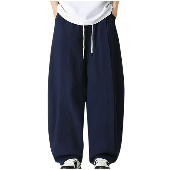 YLSDY Mens Plus Size Vintage Harem Pants Elastic Waist Drawstring Pants with Pockets Trendy Casual Baggy Wide Leg Trousers Navy L
