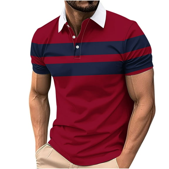 YLSDY Mens Button Collared Shirt Fashion Color Block Short Sleeve Sports Lapel T-Shirt Athletic Golf Tops Business Office Work Tees Red XXXL