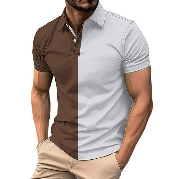 YLSDY Mens Button Collared Shirts Short Sleeve Sport Golf Tennis T Shirt Color Block Quick Dry Athletic Workout Button Collared Shirt Gradient Blouse Brown XL