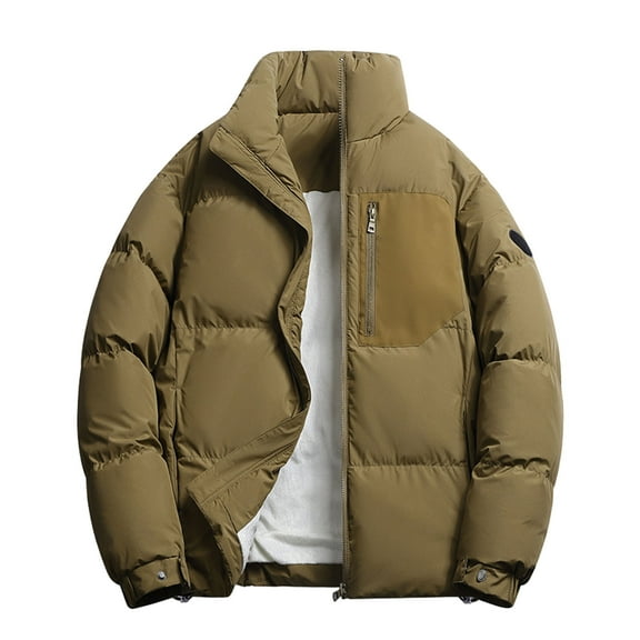 YLSDY Mens Puffer Jacket No Hood Thickened Winter Coat Warm Stand Collar Zip Up Jackets Cotton Ski Padded Coats Khaki XXL