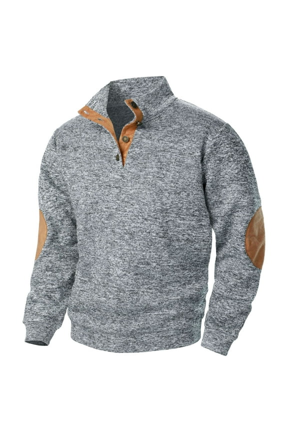 Mens Quarter Button Neck Tops Elbow Patches Long Sleeve Stand Collar 1/4 Button Up Pullover Color Block Tops Gray XXXL