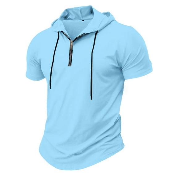 YLSDY Mens Quarter Zip Hoodies Short Sleeve Casual Lightweight Muscle Workout Hooded T Shirts Outdoor Athletic Shirts Sky Blue M