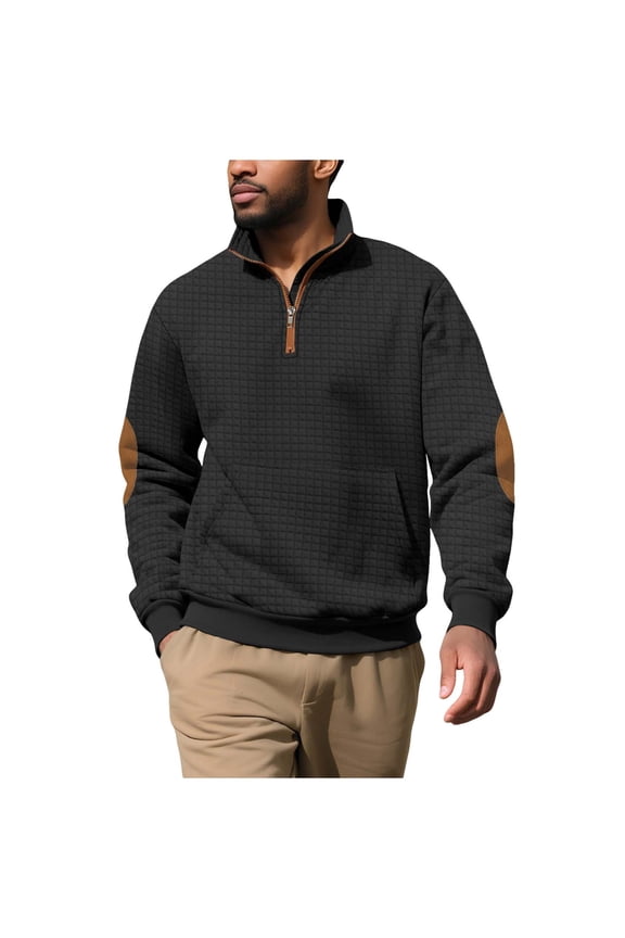 Mens Quarter Zip Up Sweatshirts Quilted Waffle Long Sleeve Lapel Pullovers Solid Color Casual Sweater with Pocket Black L