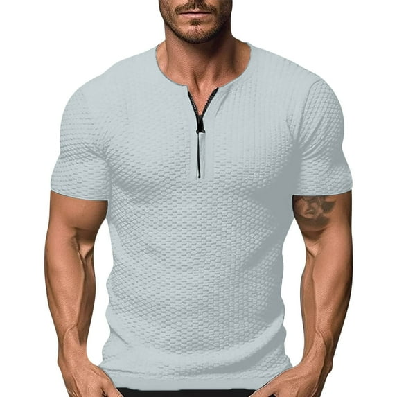 YLSDY Mens Quarter-Zip V Neck Button Collared Shirts Casual Slim Fit Short Sleeve Athletic T-Shirts Basic Design Cotton Henley Shirt Gray L