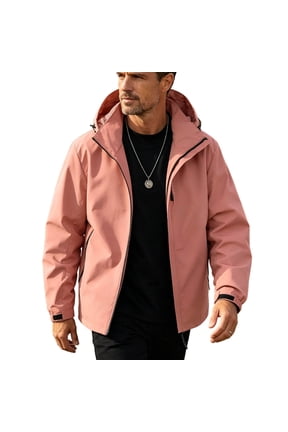Mens Rain Shell Jacket Loose Short Adjustable Hood Full Zip Outer Coat, Water Resistant Seams Dual Side Zip Pockets for Mountain Excursions Camp Days Pink XL