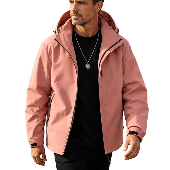 YLSDY Mens Rain Shell Jacket Loose Short Adjustable Hood Full Zip Outer Coat, Water Resistant Seams Dual Side Zip Pockets for Mountain Excursions Camp Days Pink M