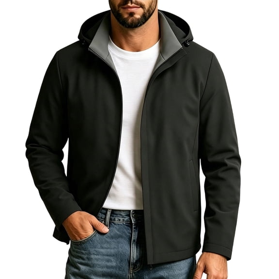 YLSDY Mens Rain Shell Jacket Regular Mid Detachable Hood Full Zip Outer Coat, Wind Resistant Seams Side Storage Pockets for Rainy Walks Picnic Visits Black M