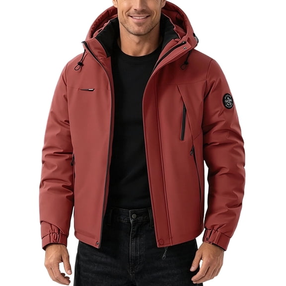 YLSDY Mens Rain Shell Jacket Regular Short Detachable Hood Full Zip Outer Coat, Multi Zip Cargo Pockets Wind Block Seams for Rainy Hikes Camp Days Red XXL