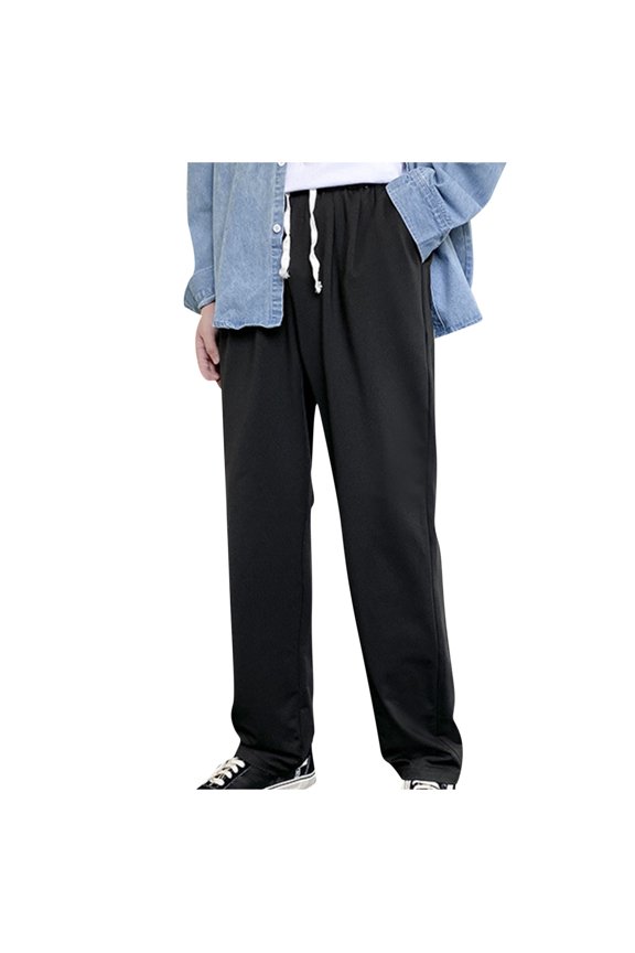 Mens Regular Fit Straight Leg Pants Elastic Waist Casual Drawstring Long Pants Lightweight Open Bottom Lounge Pants Black S