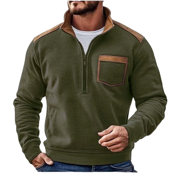 YLSDY Mens Retro Fleece Sweatshirt with Pocket Color Block Slim Fit Long Sleeve Half Zip Pullover Shirt Trendy Fall Hiking Blouse Green XL
