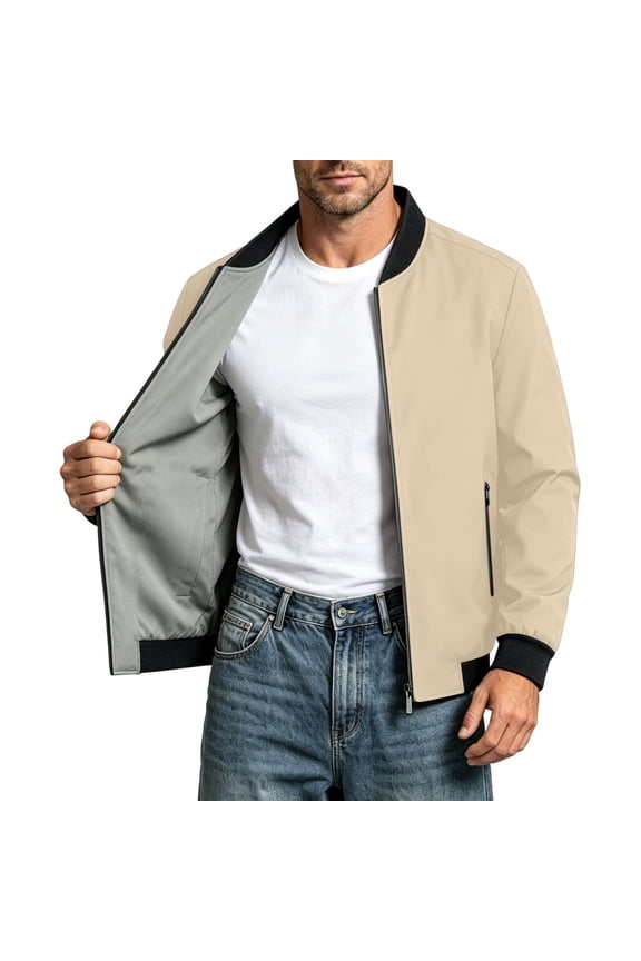 Mens Reversible Bomber Jacket Standard Short Baseball Collar Zip Outer Coat, Lined Interior Side Slip Pockets for Cafe Visits Weekend Outings Khaki S