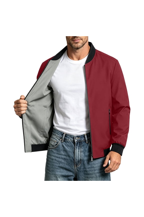 Mens Reversible Bomber Jacket Standard Short Baseball Collar Zip Outer Coat, Lined Interior Side Slip Pockets for Cafe Visits Weekend Outings Red M