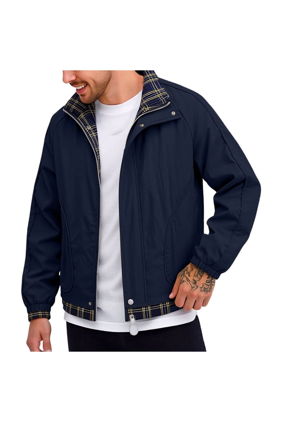 Mens Reversible Jacket Men Short Stand Collar Zip Outer Coat, Plaid Lined Interior Multi Storage Pockets for Road Trips Camp Days Blue L