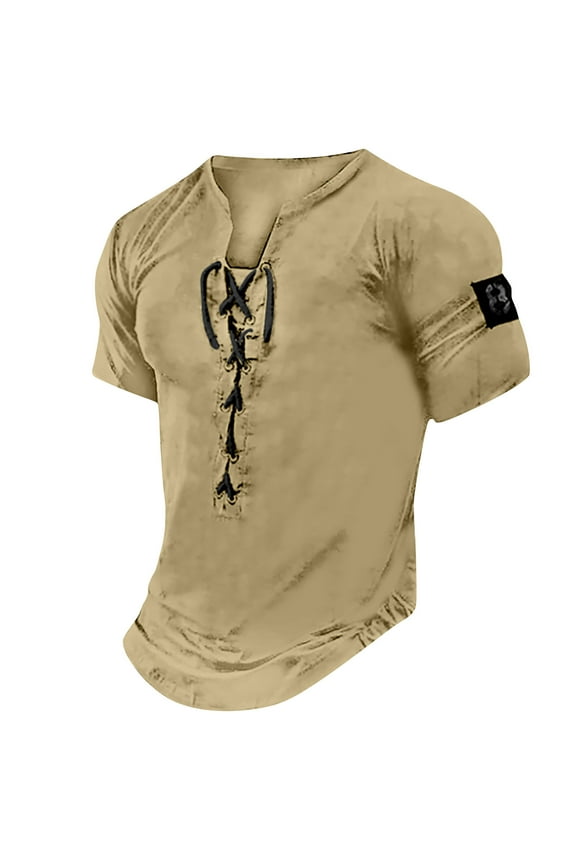 Mens Ripped Distressed Shirts Lace Up Neck Notch Neck Summer Tops Hip Hop Hipster Streetwear T-Shirts Outdoor Trendy Workout Vintage Solid Color Basic Tees Short Sleeve Blouse Brown XXL