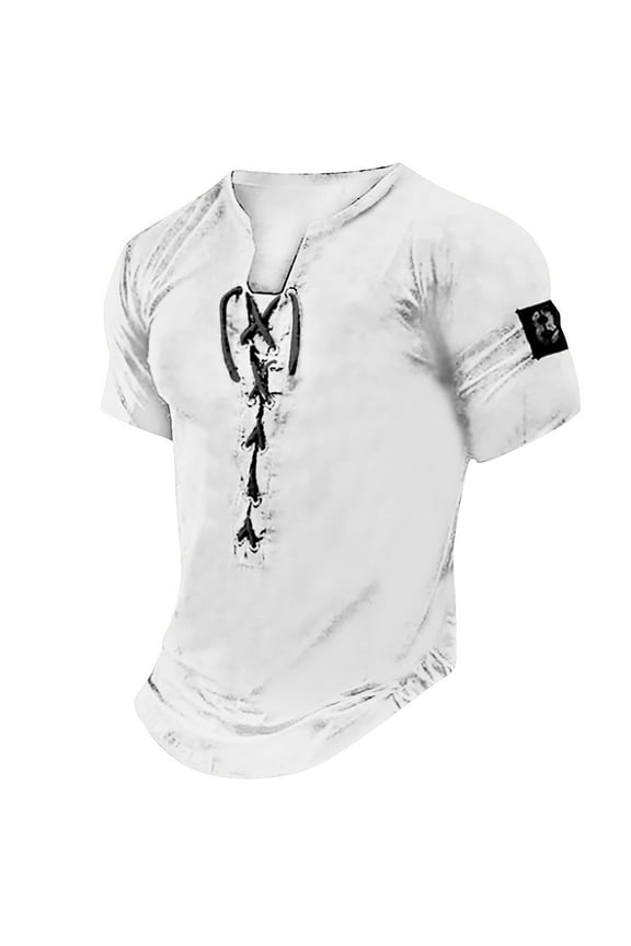 Mens Ripped Distressed Shirts Lace Up Neck Notch Neck Summer Tops Hip Hop Hipster Streetwear T-Shirts Outdoor Trendy Workout Vintage Solid Color Basic Tees Short Sleeve Blouse White XXXL