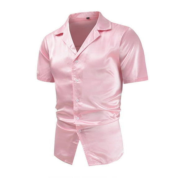 YLSDY Mens Satin Shiny Cuban Shirts Short Sleeve Button Down Muscle Fit Skinny Dress Shirt Camisas Silk Satinada Para Hombres Pink L