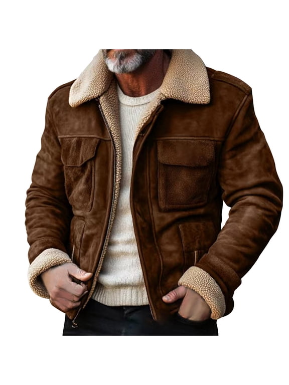 Mens Shearling Bomber Suede Jacket Winter Warm Faux Leather Suede Jackets Vintage Sherpa Lined Fleece Overcoats Coffee XXXL