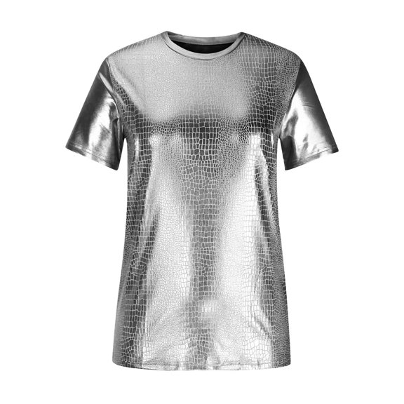 YLSDY Mens Shiny-Metallic Shirts Short Sleeve Blouse Round Neck Summer Tops Glossy Nightclub T-Shirts Outdoor Fashion 2024 Trendy Workout Novelty Solid Color Basic Tees Silver XXXL