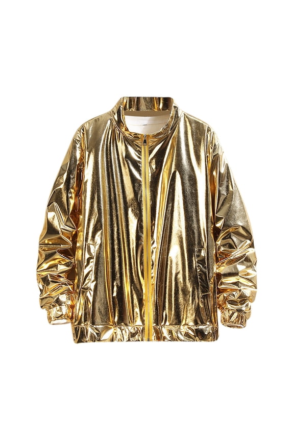 Mens Shiny Stage Jackets Coat Full Zipper Long Sleeve Loose Casual Fashion Jackets Outwear for Stage Performance Gold XXL