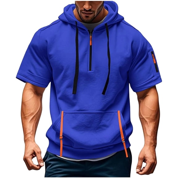 YLSDY Mens Shirts Hoodies for Men Short Sleeve Quarter Zip Hoodie Lightweight Oversized Hooded Tshirts with Pocket Blue M
