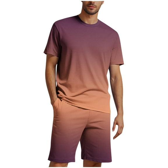 YLSDY Mens Short Sets 2 Piece Beach Outfits Short Sleeve Gradient Tee Shirt Hawaiian Printed Drawstring Shorts Cotton Set Orange L