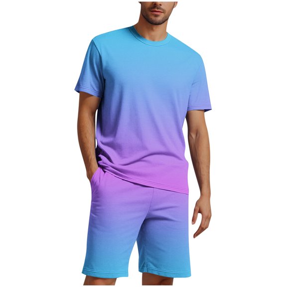 YLSDY Mens Short Sets 2 Piece Beach Outfits Short Sleeve Gradient Tee Shirt Hawaiian Printed Drawstring Shorts Cotton Set Sky Blue XXL