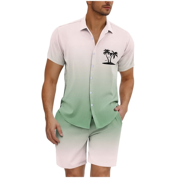 YLSDY Mens Short Sets 2 Piece Beach Outfits Short Sleeve Graphic Tee Shirt Hawaiian Printed Drawstring Shorts Cotton Set Green M