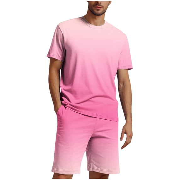 YLSDY Mens Short Sets 2 Piece Beach Outfits Short Sleeve Graphic Tee Shirt Hawaiian Printed Drawstring Shorts Cotton Set Pink L