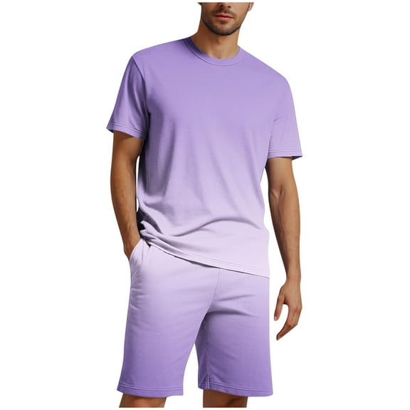 YLSDY Mens Short Sets 2 Piece Beach Outfits Short Sleeve Graphic Tee Shirt Hawaiian Printed Drawstring Shorts Cotton Set Purple M