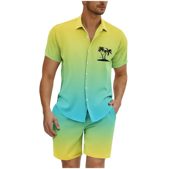 YLSDY Mens Short Sets 2 Piece Beach Outfits Short Sleeve Graphic Tee Shirt Hawaiian Printed Drawstring Shorts Cotton Set Yellow XXXL