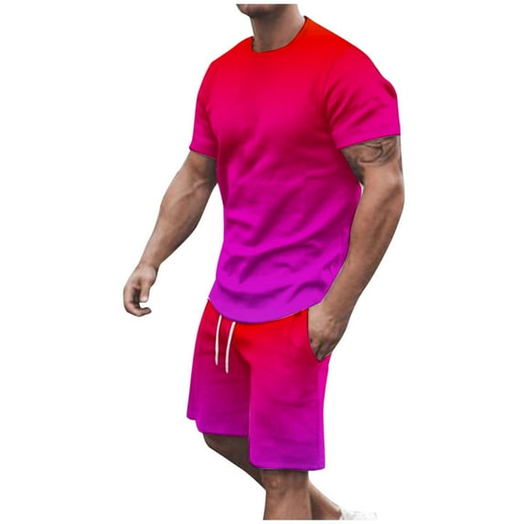 YLSDY Mens Short Sets 2 Piece Outfits Causal Gradient Color Tracksuit Sweatshirt and Drawstring Shorts Set for Men Suits Hot Pink 4