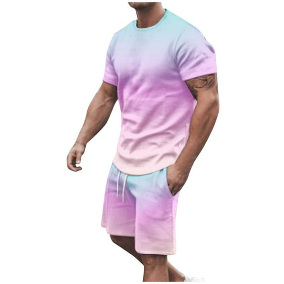 YLSDY Mens Short Sets 2 Piece Outfits Causal Gradient Color Tracksuit Sweatshirt and Drawstring Shorts Set for Men Suits Pink 14