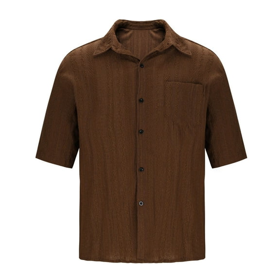 YLSDY Mens Short Sleeve Button Down Shirts Summer Hollow Out Jacquard Tops with Pocket Casual Vintage Shirt Coffee L