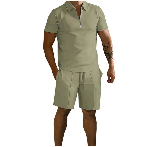 YLSDY Mens Short Sleeve Casual Button Collared Shirt and Shorts Sets Two Piece Summer Outfits Zip Button Collared Tracksuit Set for Men Army Green 8